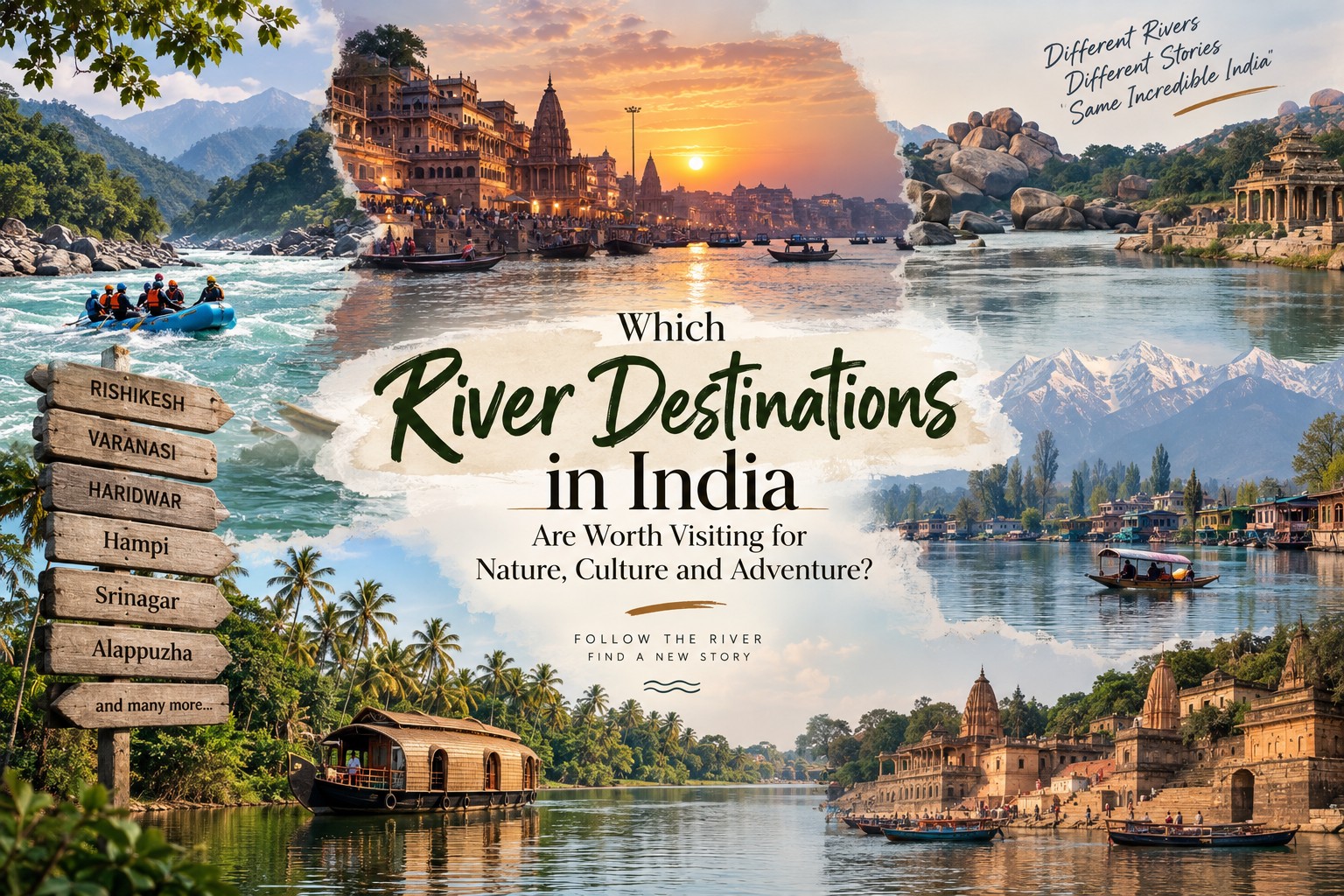 River destinations in India featuring mountains, ghats, boats and backwaters