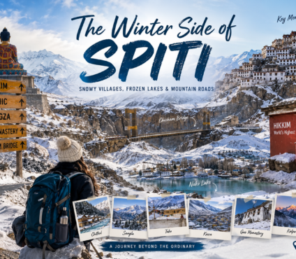 Snow-covered Spiti Valley mountains and village in winter
