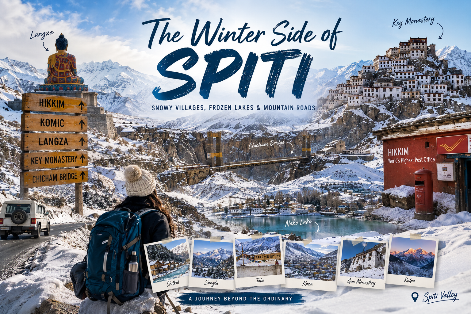 Snow-covered Spiti Valley mountains and village in winter